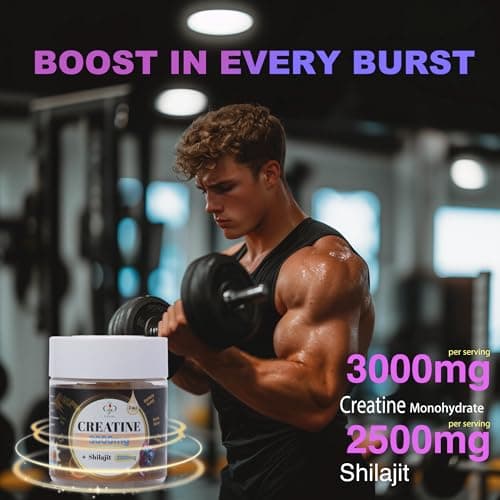 Creatine Gummies 3000mg with Shilajit | Juice-Burst Filled for Muscle Recovery, Strength & Energy Booster | Natural Testosterone & Cognitive Support for Men & Women | 60 Count, Blueberry Flavor - Thumbnail 3