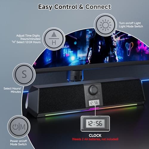 SOULION R80 Bluetooth Computer Speakers, USB Plug & Play PC Speakers with Digital Clock Display, Clear Sound Soundbar with Colorful LED Lights for Desktop Monitor Laptop (USB Adapter Included) - Thumbnail 4