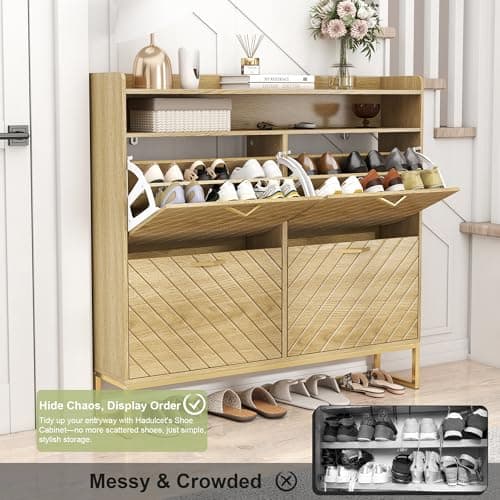 Hadulcet Hidden Shoe Cabinet with 4 Flip Drawers, Long Wood Shoe Storage Cabinet for Entryway Closet, Narrow Freestanding Shoe Rack Organizer w/Adjustable Shelves, Metal Legs, Cupboard, Natural Wood - Thumbnail 5