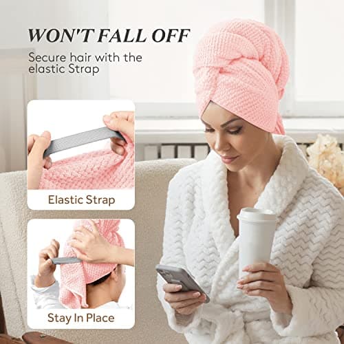 YFONG Large Hair Towel Wrap for Women, Super Absorbent Microfiber Hair Towel for Curly Hair, Fast Drying Hair Turbans with Elastic,Hair Drying Towel Wrap for Hair Care 26.3" X 40" (Pink) - Thumbnail 4