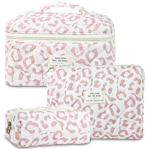 GISMTR 3Pcs Makeup Bag Cotton Quilted Travel Cosmetic Bag Cute Floral Makeup Pouch Large Toiletry Bag for Women Girls - Image 1