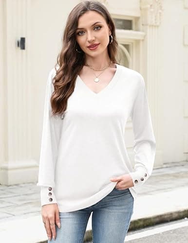 Misakia Tops for Women Trendy 2025 Dressy Casual V Neck Long Sleeve Buttons Fall Winter Flowy Tunic Tops Soft Blouses Shirts Business Casual Outfits Ladies Tops C-white - Thumbnail 4