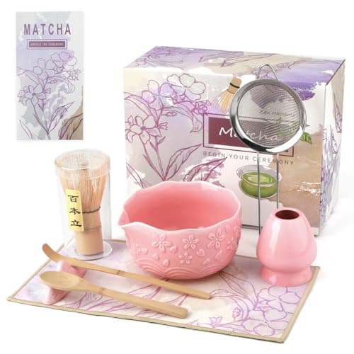 VENSEEN Matcha Whisk Set, 8 Pcs Matcha Kit with Ceramic Japanese Matcha Bowl & Accessories Kit for Traditional Tea Ceremony, Home Use & Gifts for Matcha Lovers (Pink) - Image 1