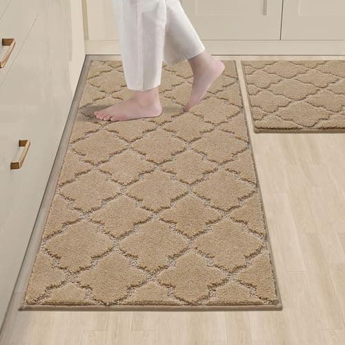 COSY HOMEER Soft Kitchen Rugs [2 PCS] for in Front of Sink Super Absorbent Kitchen Floor Mats and Mats 20x30 Inch/20X48 Non-Skid Kitchen Mat Standing Mat Washable,Polyester,Beige - Image 1