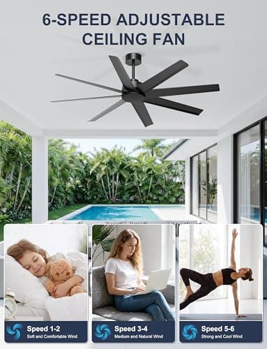 Ohniyou 60'' Ceiling Fan No Light - Modern Black 8 Blades Ceiling Fan Remote/APP Control, DC Motor Outdoor Fan for Covered Patio, Living Room, Shop, Garage - Thumbnail 5