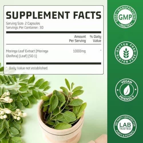 Nature Echo Moringa Capsules 1000mg, 50:1 High Potency Extract- Superfood Supplement - Vegan, Non-GMO, Gluten Free - 120 Capsules - Thumbnail 2