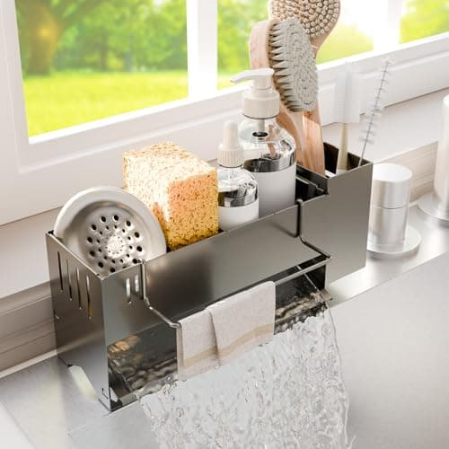 Azevix Kitchen Sink Caddy Organizer, Sponge Holder for Kitchen Sink with Upgraded Extra-Wide Drain Board, Efficient Drainage, Stainless Steel with Rust-Resistant Coating