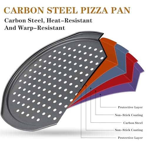 Bestdin 5Pcs Pizza Pan Set - 12 inch Pizza Pan with Holes, Non-stick, Pizza Oven Accessories with 2 Carbon Steel Round Pans, Pizza Cutter and 2 Gloves, Dishwasher Safe - Thumbnail 4