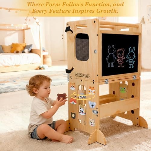 Toddler Tower Foldable, Animal Magnets Learning Kids Kitchen Step Stool, 4-in-1 Toddler Standing Tower with Blackboard, Anti-Tip Safety Feet, Foldable Wooden Helper for Ages 1–4 (CPC Certified) - Thumbnail 2