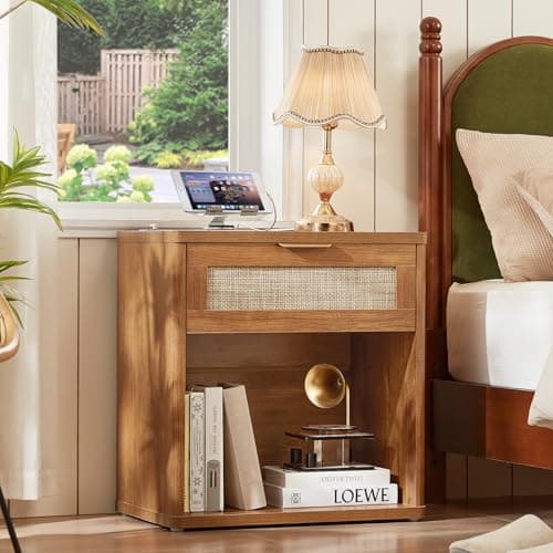 LEYAOYAO Rattan Nightstands Set of 2 with Charging Station, Natural Wood Night Stand with Drawer, 23" Wide Boho Bedside Table Open Cabinet, Bed Side Table Dresser for Bedroom, Living Room, Entrance - Thumbnail 2