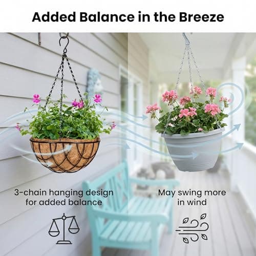 Kingbuy 12 Inch Metal Hanging Planter Basket with Coconut Fiber Liner Round Wire Hanging Plant Flower Pot for Home Garden Patio Decoration, Grid Pattern, 2 Pack - Thumbnail 4