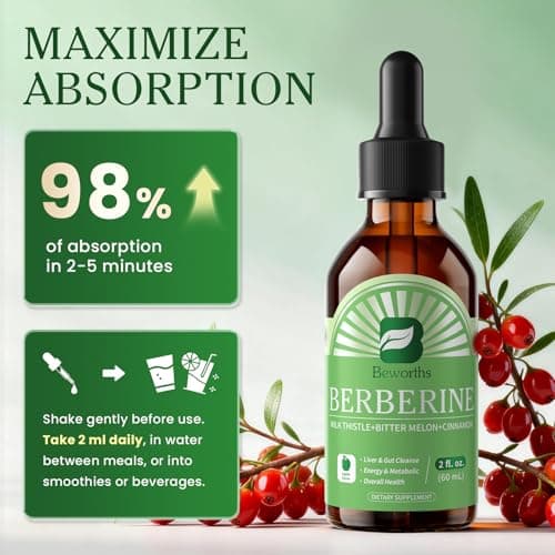 B BEWORTHS Berberine HCL Supplement with Ceylon Cinnamon - Berberine Phytosome Liquid Drops with Turmeric, Ceylon Cinnamon, Bitter Melon, Milk Thistle, Berberine Supplement for Digestion Support - Thumbnail 6