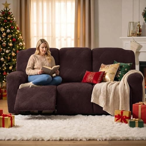 Cushonix 5-Piece Recliner Sofa Covers,Stretch Geometric Strokes Jacquard Recliner Sofa Slipcovers,Seamless Furniture Protector with Pocket,Soft Breathable Couch Cover,3 Seater Chocolate - Thumbnail 5