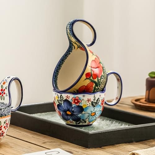 18oz Large Soup Bowl with Loop Handle, Ceramic Handpainted Decorative Mug Cup with Handle, Bowl for Soup Cereal Fruits Chili Stew Ice Cream, Dishwasher Microwave Safe Housewarming Gift for Mom - Thumbnail 5