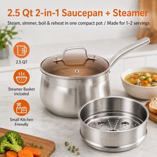 WANGYUANJI 2.5 Quart Stainless Steel Saucepan with Steamer Basket - 2-in-1 Multipurpose Steamer Pot for Cooking, Veggies & Pasta - Tri-Ply Bottom Induction Sauce Pan with Glass Lid, Silver - Thumbnail 2