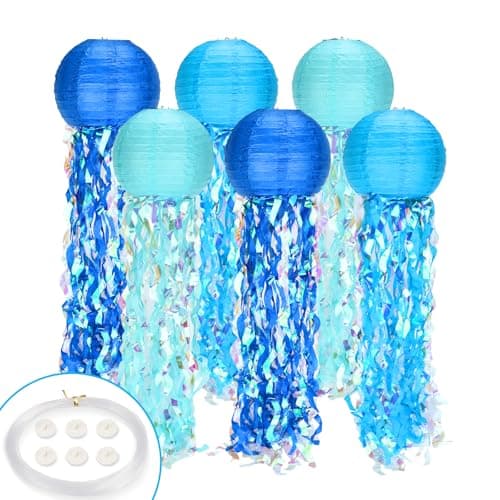 Jellyfish Paper Lanterns,Under The Sea Party Decorations 6Pack with String and Hooks,Hanging Jelly Fish for Mermaid,Ocean Themed,Birthday,Party(Blue 8Inch)