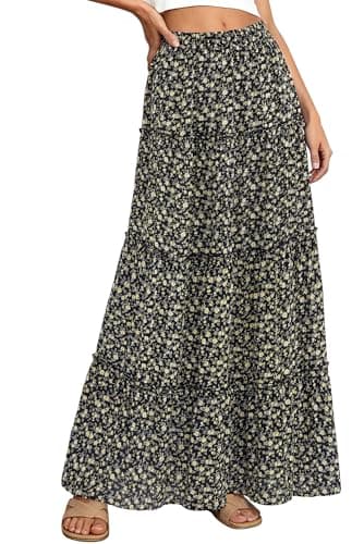 BTFBM Floral Maxi Skirts for Women Summer Spring 2026 Elastic Waist Tiered Flowy Beach Vacation Boho Midi Long Skirt(Floral Black Yellow, Small) - Image 1