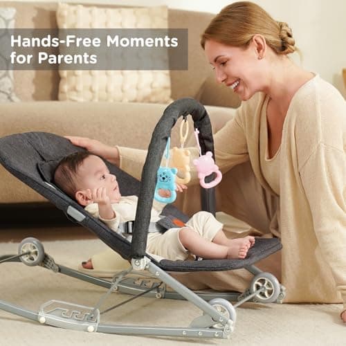 HKAI Rocking Baby Bouncer with Canopy, 2-Mode Rocking & Rolling Infant Seat, Portable Baby Chair for 0-18 Months, Grey - Thumbnail 2