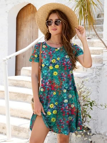Heymoments Summer Dresses for Women Casual 2026 Floral Print Large Short Sleeve V Neck Cute T Shirt Loose Sundress Comfy Swing Work Flowy Ladies Beach Vacation Teen Teacher Dresses with Pockets - Thumbnail 3
