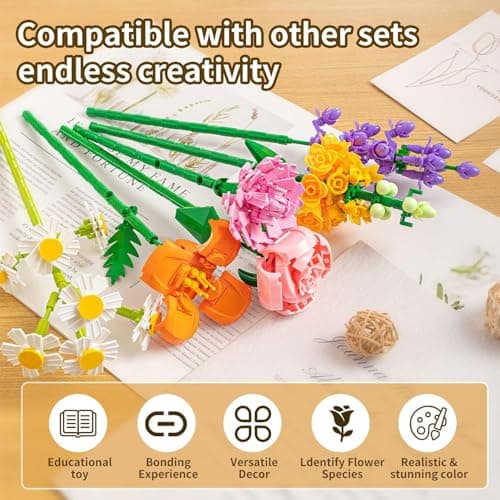 Huanger 15PCS Flower Bouquet Building Set, 523PCS Floral Blocks Toy for Kids - Thumbnail 4