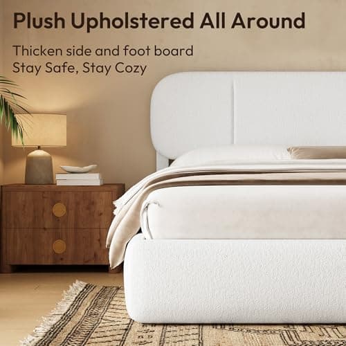 Uteeran Full Size Bed Frame with Storage, Boucle Cloud Bed with 4 Locking Drawers & LED Lights, Modern Upholstered Platform Bed, Plush Sides & Footboard, Adjustable Headboard, No Box Spring, White - Thumbnail 5