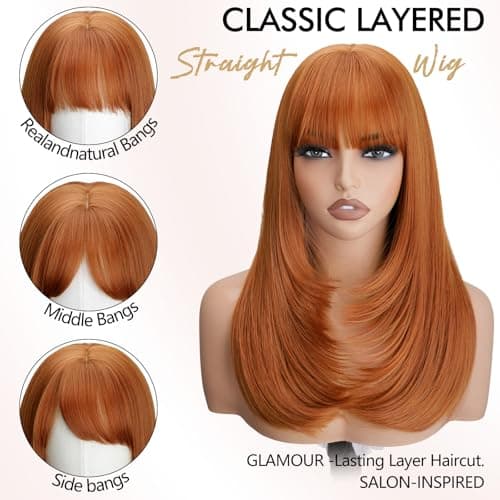 NOSTALGIA Ginger Wig with Bangs for Women, 20 Inch Layered Hairstyle with 4x4 Realistic Scalp,Free Parting,Heat Resistant for Daily Party Cosplay Use - Thumbnail 5