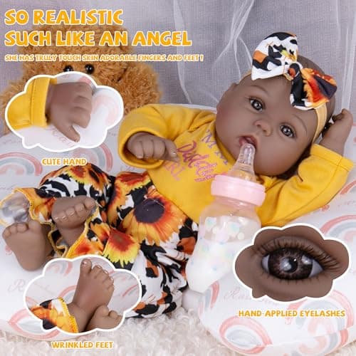 Milidool Lifelike Black Reborn Baby Dolls Girl - 18 Inches Realistic Girl Baby Doll Black American Newborn Weighted Real Life Baby Dolls, Girls Gifts Set for Kids 3+, Pretend Play, Collection - Thumbnail 6