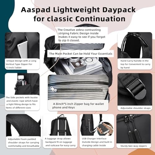 Aaspad Laptop Backpack for Men and Women Lightweight Daypack Slim Sturdy Business Offices Knapsack Daily Commute Necessities (Black) - Thumbnail 3