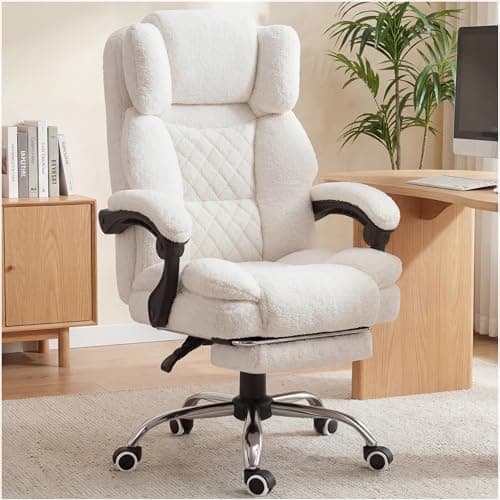 GTPLAYER Big and Tall Office Chair with Pocket Spring Cushion & Ergonomic Lumbar Support for Lower Back Pain Relief, High Back Computer Gaming Chair with Foot Rest, Comfy Teddy Fleece, White
