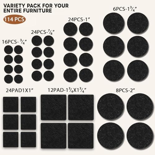 Felt Furniture Pads 114 PCS, 7 Sizes, Felt Pads for Chair Legs, Suitable for Round and Square Chair Legs, to Prevent Scratches, Reduce Noise and Protect The Floor (Black) - Thumbnail 2