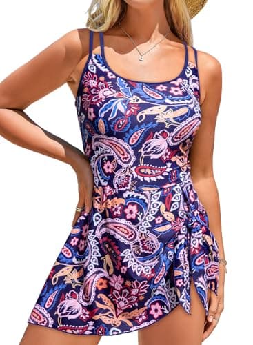 Dokotoo One Piece Bathing Suits for Women 2026 Adjustable Straps Tummy Control Swim Dress Tie Knot Floral Swimwear Modest Swimsuit with Skirt Purple Small - Image 1