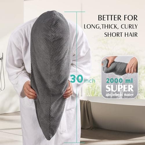 YFONG 3 Pack Large Microfiber Hair Towel Wrap, 30" x 10" Anti Frizz Quick Dry Hair Towels for Women Long, Curly, Thick Hair, Super Absorbent Hair Turban for Wet Hair (Grey, White, Camel) - Thumbnail 4