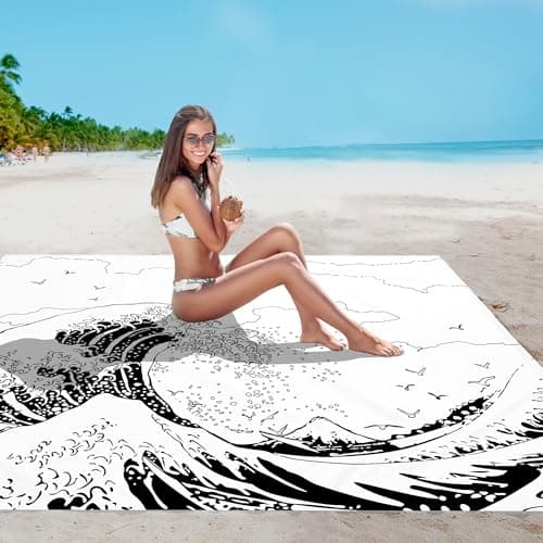 Beach Blanket, Large Sandproof & Waterproof Picnic Blankets, Quick Drying Sand Free Lightweight Beach Mat with 4 Stakes & Pockets for Outdoor Travel Camping Hiking Vacation Essentials - The Great Wave - Thumbnail 3