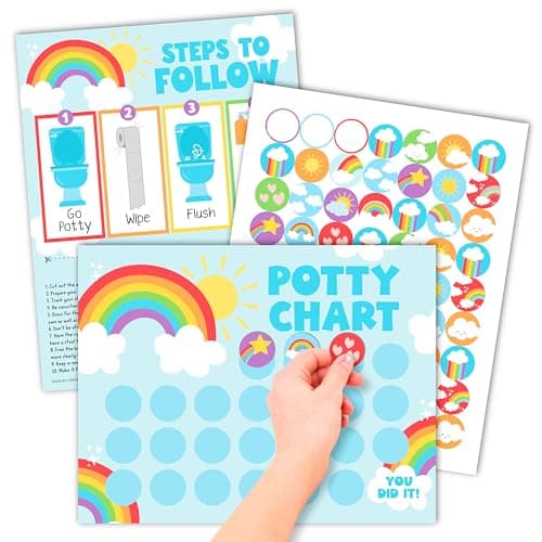 Hadley Designs Potty Training Chart for Toddlers Boys -10 Sticker Potty Chart for Toddlers Girls, 8.5x11" Potty Training Sticker Charts for Toilet Success, Rainbow Toddler Reward Chart for Kids