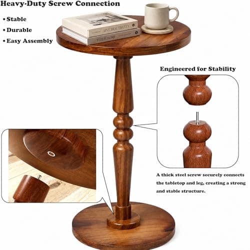 promitop Small Wooden Round Side Table - Accent Nightstand Pedestal Table for Living Room, Bedroom - Compact Coffee Table, Tea Table, Drink Table, End Table for Small Spaces, Corners, Office - Thumbnail 5