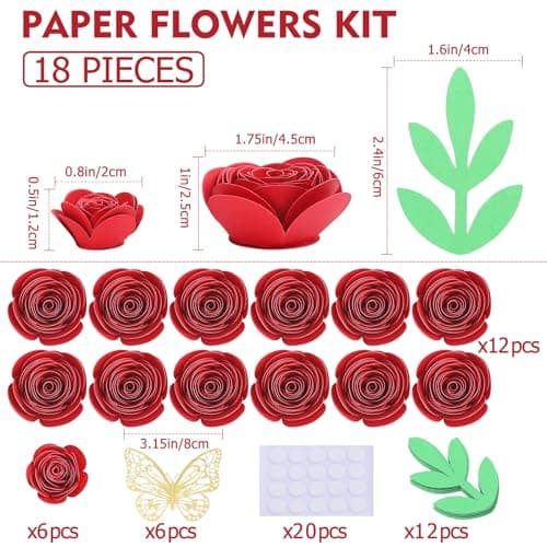 Mverse 3D Rolled Paper Flowers for Shadow Box & Graduation Cap Decorations - Handcrafted Small Roses Craft Kit with 3D Butterflies & Leaves - DIY Scrapbook Embellishments (Red) - Thumbnail 4
