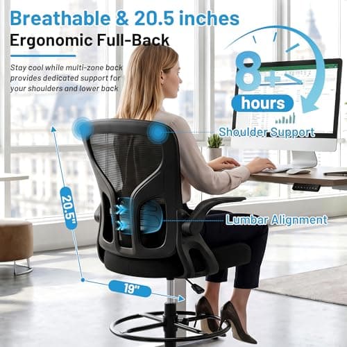 Hayelf Drafting Chair for Standing Desk, Tall Office Chair with 22"-30" Seat Height &7" Lift Footrest Ring, Ergonomic Executive Mesh Computer Counter Stool with Lumbar Support &Flip-up Arms for Artist - Thumbnail 6