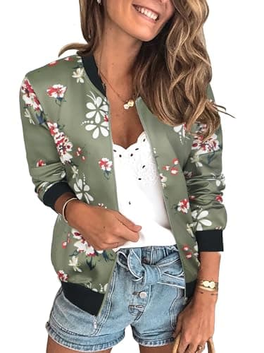 ECOWISH Women's Casual Floral Zip Up Bomber Jacket Coat Lightweight Short Camo No Lining Outwear Tops Windbreaker with Pocket 333Army Green-1 Large