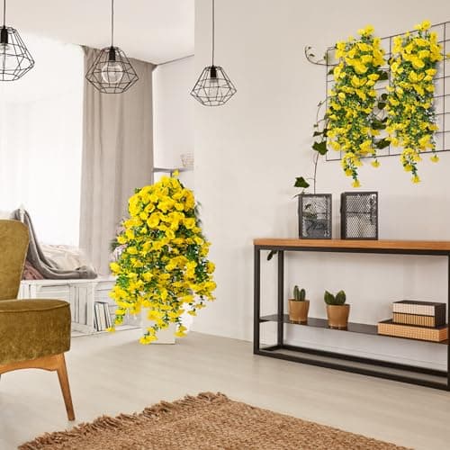 Fanfantoey Artificial Hanging Flowers for Outdoors, 2Pcs UV Resistant Fake Flowers, Realistic Faux Petunias Silk Long Vines Morning Glory Eucalyptus for Outside Planter Porch Patio Decor, Yellow - Thumbnail 4