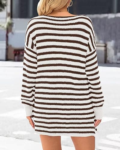 KIRUNDO Women's 2026 Fall Winter Oversized Long Sleeve Striped Sweater Casual Crewneck Side Split Pullover Knit Tops(Striped Coffee, X-Large) - Thumbnail 5