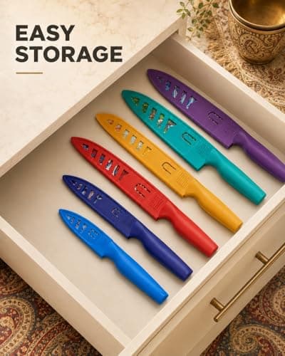 Astercook Paisley Pattern Knife Set with Cover, Dishwasher Safe Colorful Knives with 6 Knife Sheath, German Stainless Steel Rainbow Knife Set - Thumbnail 5