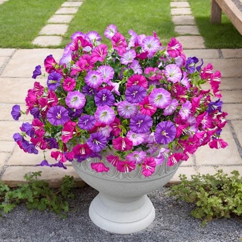 Artificial Flowers for Outdoor, Fake Flowers Faux Plants for Outside Indoor, 4PCS Summer Decor, Morning Glory Petunia UV Resistant, for Garden Porch Window Box Home Planters (Dark&Light Purple Bulk) - Image 1