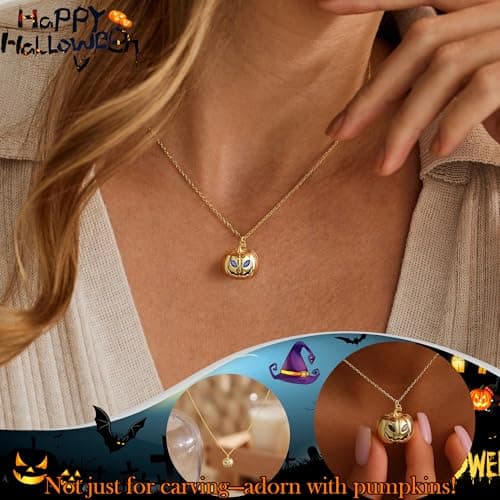 Halloween Pumpkin Necklace, Halloween Necklace September Birthday Gifts Sapphire Birthstone Necklaces for Women Trendy Adjustable 14k Plated No Tarnish Gold Pumpkin Necklaces - Thumbnail 4