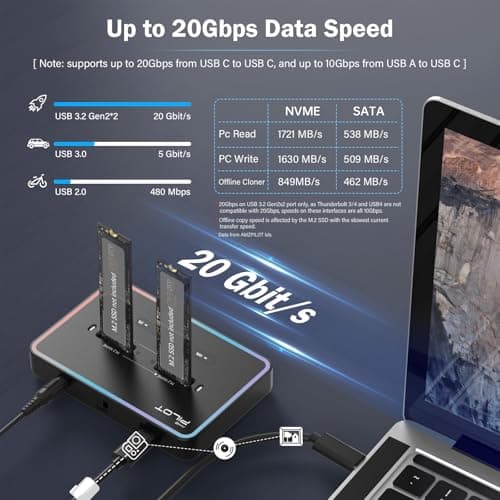 AMZPILOT M.2 Duplicator Cloner Dual-Bay Offline USB C to NVME SATA Docking Station, M.2 Reader 20Gbps for Both (M Key, B+M Key) PCIE NGFF Dock, Size 22110 2280 2260 2242 2230 Enclosure - NN/SS RGB - Thumbnail 4
