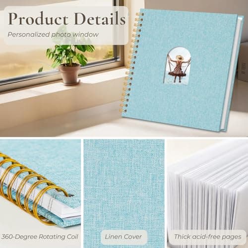 Vienrose 10X10 Inch DIY Scrapbook Album Linen Arch Window Photo Album 40 Blank Pages Scrap Book Photo Albums for Wedding Baby Shower, Light Blue - Thumbnail 5