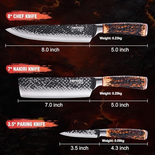 Topfeel kitchen knife set, 3 PCS Japanese Chef Knife Set, Hand Forged High Carbon Stainless Steel Knives Sets，Ultra Sharp Professional Chef Knives Sets with Unique Antler-like Handle - Thumbnail 2