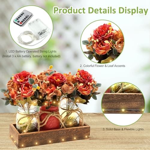 HOMECOR Mason Jar Light Centerpiece Table Decor for Dining Room - Farmhouse Centerpiece Table Decorations with Wood Tray and Remote Control LED Lights for Coffee Table Decor Living Room Wedding - Thumbnail 6
