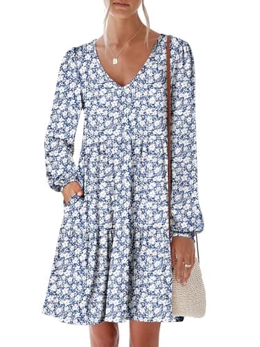ANRABESS Womens Long Sleeve Dress 2026 Fall Casual V Neck Tiered Flowy Short Dresses Beach Travel Vacation Clothes Floral Blue X-Large - Image 1