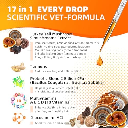 Turkey Tail Mushroom for Dogs - 3000mg Plus Formula Turkey Tail Probiotic + 10 Vitamins for Immune & Skin Lipoma, Wart, High Potency Liquid Mushrooms for Dogs with Turmeric - Vet Formulated - Thumbnail 4