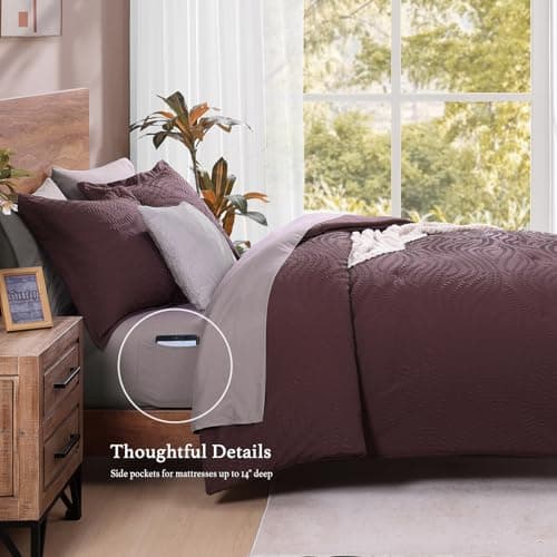 Geniospin Twin Comforter Set - 5 Pieces Purple Bedding Set, Botanical Textured Comforter Set, All Season Comfortable Bed in a Bag with Comforter, Sheets, Pillowcase & Sham - Thumbnail 3